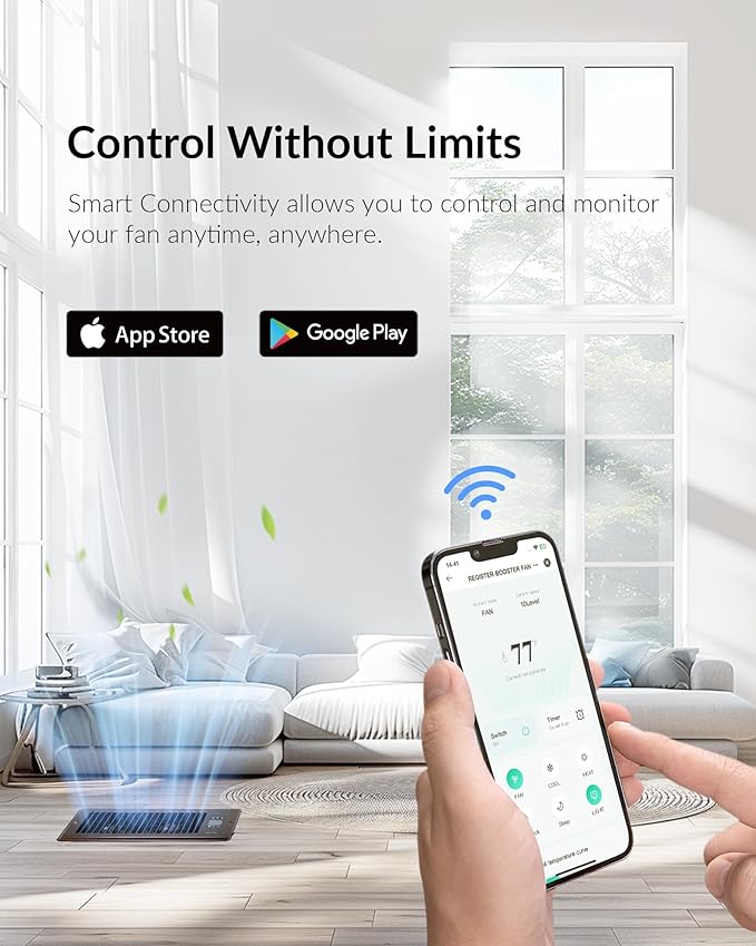 Super Quiet Register Booster Fan for 4" x 12" Register Holes, Smart Register Vent with Dual Intelligent Thermostat and WIFI App Control, Heating Cooling AC Vent Fan (ORB)