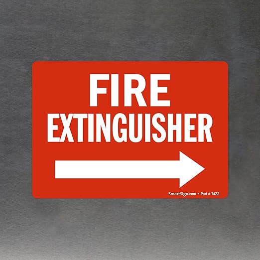 SmartSign 3.5 x 5 inch “Fire Extinguisher” Sticker Label with Right Arrow, Glossy Finish, 3 mil Laminated Adhesive Polyester, Red and White, Made in USA