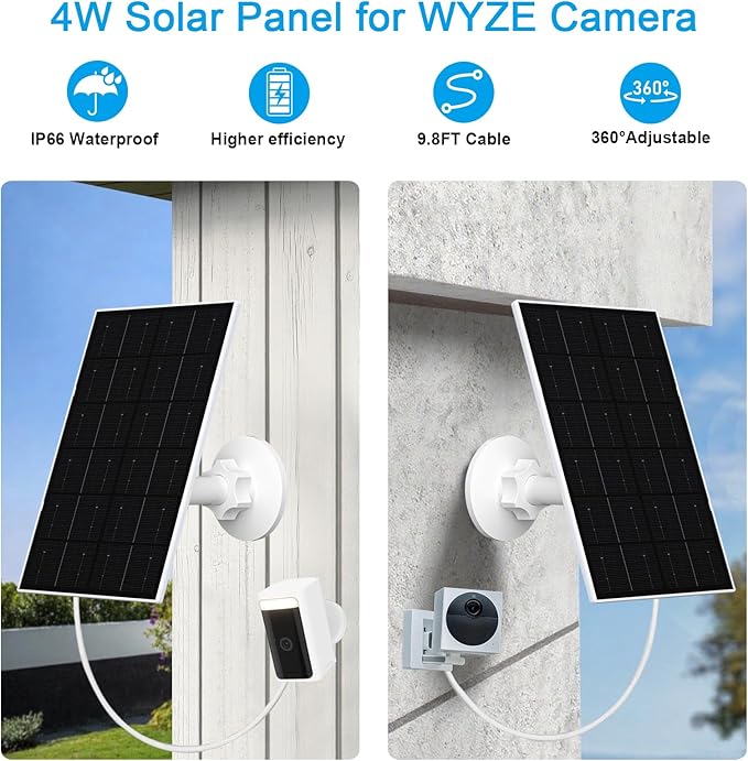 FUTUREZEN 4W Solar Panel for WYZE Cameras, USB-C & Micro USB Solar Charger, Compatible with WYZE Cam Pro, Outdoor Cam V1/V2, 9.8ft Cable, IP66 Waterproof, 360° Adjustable Mount (2 Pack)