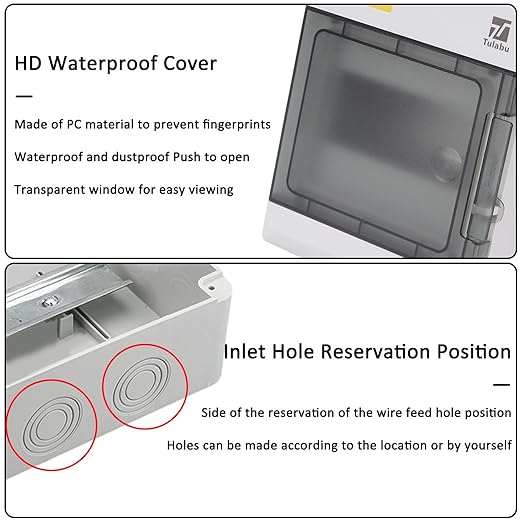 Waterproof 6 Way Breaker Box IP66 PC/ABS Alloy Plastic Power Distribution Box Enclosure with Clear Cover, Bus Bars and DIN Rail