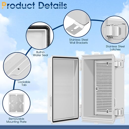 Waterproof Outdoor Project ABS Plastic Junction Box IP67 Weatherproof Dustproof Enclosure with Hinged Cover, Mounting Plate,Wall Brackets for Power Project (11"X7.5"X5.5")