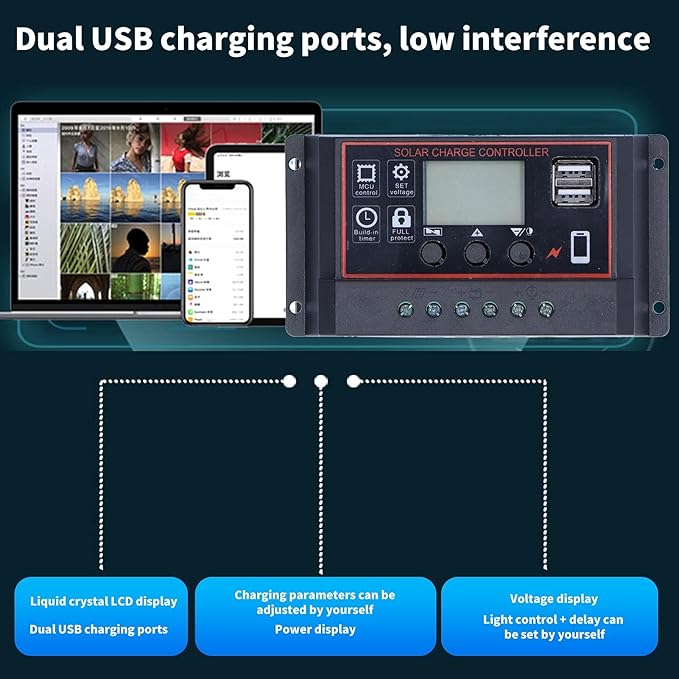 Walfront Smart Controller 3A USB Solar Battery Panel Charging Device Solar Battery Regulator with LCD Display 12V/24V(30A), Solar Controller