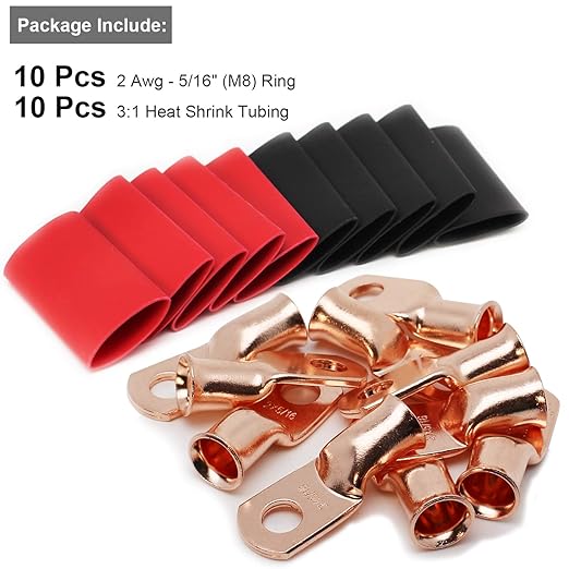 TKDMR 10pcs 2 AWG-5/16 Battery Lugs,Heavy Duty Wire Lugs,Ring Terminals,Battery Cable Ends,0 Guage terminals,Battery Terminal Connectors with 10pcs 3:1 Heat Shrink Tubing