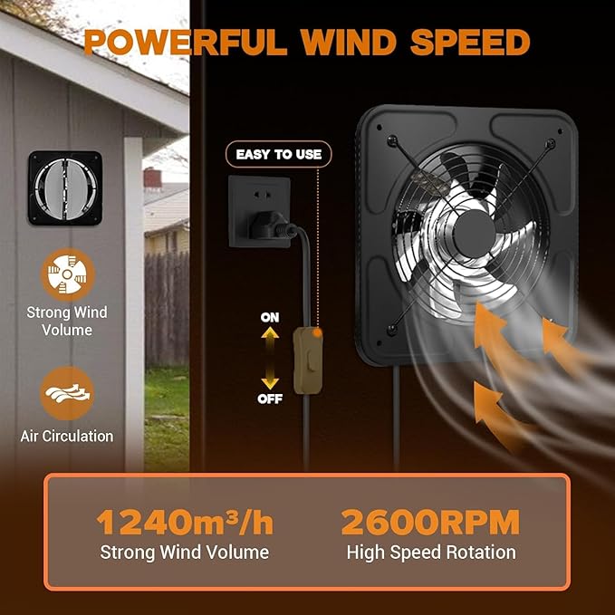 YOZON 10-Inch Kitchen Exhaust Fan with Switch, 727CFM Garage Exhaust Fan, Wall Mounted Vent Fan, Ventilation Fan with Backdraft Damper for Attic, Workshop, Window, Smoking Room