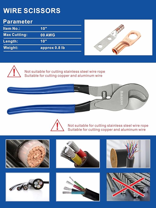 AMZCNC Hydraulic Crimping Tool and Cable Cutter Hydraulic Cable Lug Crimper 10 US TON 12 AWG to 00 (2/0) Electrical Terminal Cable Wire Tool Kit with 9 Die