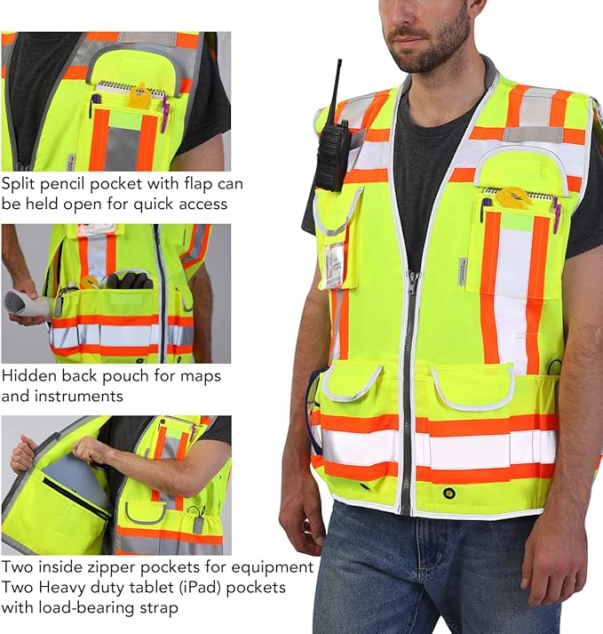 Dib Safety Reflective Vest Heavy Duty, High Visibility Two Tone Engineer Vest, Padded Collar, Retractable ID Pocket, Made with 3M Reflective Tape, Yellow XL