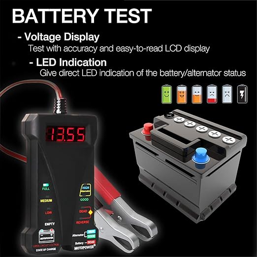 MOTOPOWER MP0514A 12V Digital Car Battery Tester Voltmeter and Charging System Analyzer with LCD Display and LED Indication - Black Rubber Paint
