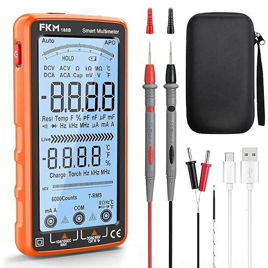 FKM Digital Multimeter Tester Auto-Ranging TRMS 6000 Counts Smart Rechargeable Voltmeter Electrical Tester Measures AC/DC Current,Voltage,Capacitance,Resistance,NCV,Amp,Ohm,Diodes,Countinuity,Temp