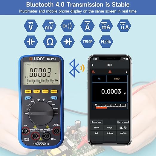 OWON B41T+ Bluetooth Digital Multimeter Auto-ranging TRMS 22000 Counts Ohmmeter for AC/DC Voltage,Current,Resistance,Continuity,Capacitance,Diodes,Temperature Measurement,Volt Meter for Automotive