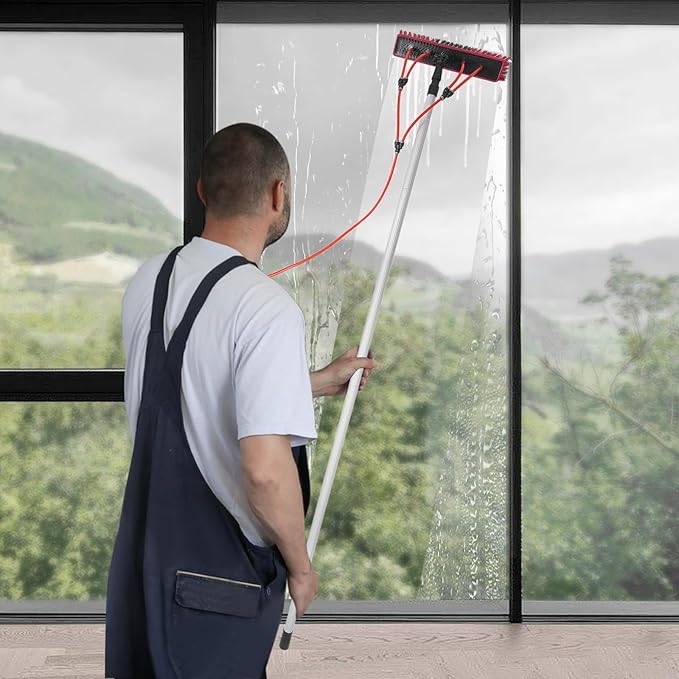 Water Fed Pole Kit 26 FT Adjustable Window Cleaning Pole w/ 66ft Hose & 180° Rotating Brush Head, Telescopic Washing Equipment Window Glass Cleaner Tool for Caravan Solar Panel Deck