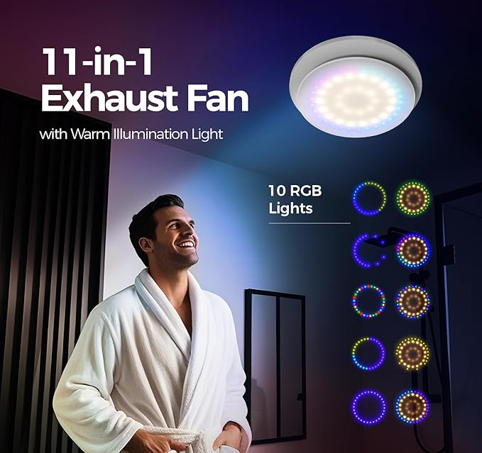 Bathroom Exhaust Fan with Light, 10 RGB Lights Upgraded 2 Way 6 Speed Bathroom Fan with Light & Remote Low Noise DC Motor 3000 RPM Energy Saving Household Ventilation Fans P108A2