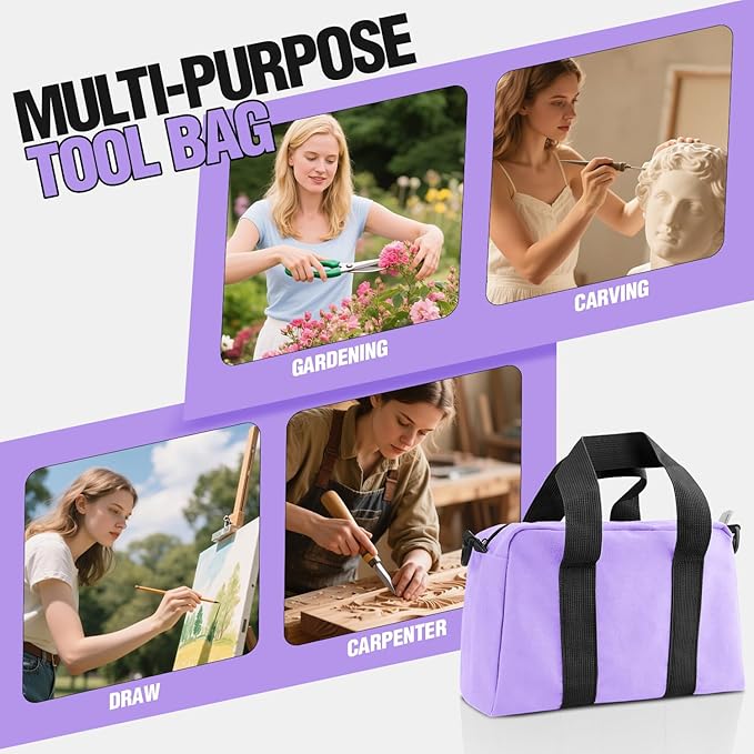 Small Tool Bag, Canvas Tool Storage Bag, Large Capacity Multipurpose Zipper Soft Tote Organizer Pouch for Electrician, Plumbing, Gardening,Tools Bags for Men (Purple, 12 Inch)