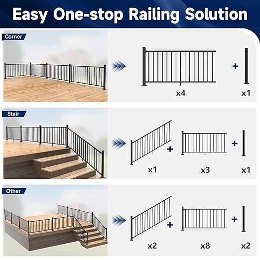 Egadis 4 Pack Aluminum Deck Railing Bracket Connector, Fixed Railing Bracket, Black Textured AAMA 2604 Powder-Coat Finish Railing System for Outdoor Decks, Porches & Balconies