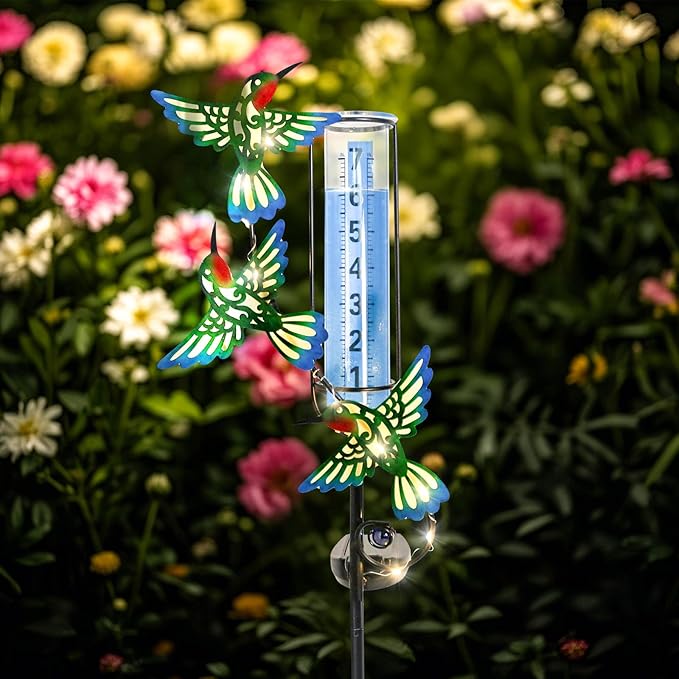 WONDER GARDEN Solar Rain Gauge Outdoor, Hummingbird Decorative Rain Gauges Outdoors Best Rated, Freeze Proof Water Rain Measure Gauge for Yard Patio Lawn Garden Decor