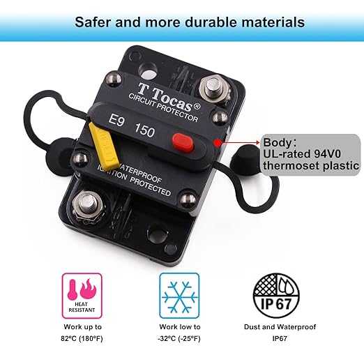 E9 150 Amp Circuit Breaker 12V - 48V DC with Manual Reset Waterproof IP67 | Surface Mount 150A Switch Button with LED Indication