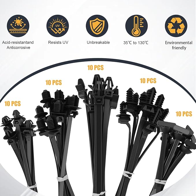 50PCS Universal Nylon Push Mount Cable Zip Tie, Heavy Duty Self Locking Zip Ties Holder, 5 Sizes Black Cable Tie Buckle, UV Resistant Multipurpose Tie Fasteners for Car Daily Repair(5 Types)