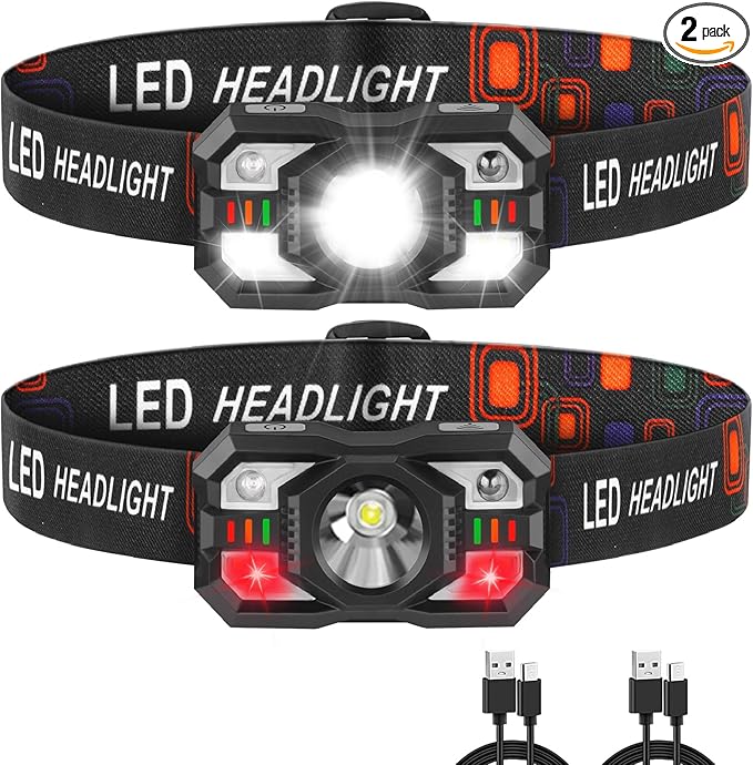 Headlamp Rechargeable, LED Headlamp with Red Light, 2Pack Headlamps for Adults, Head Lamps LED Rechargeable, Headlight Motion Sensor, Head Lights for Forehead Hardhat Running Hunting Camping