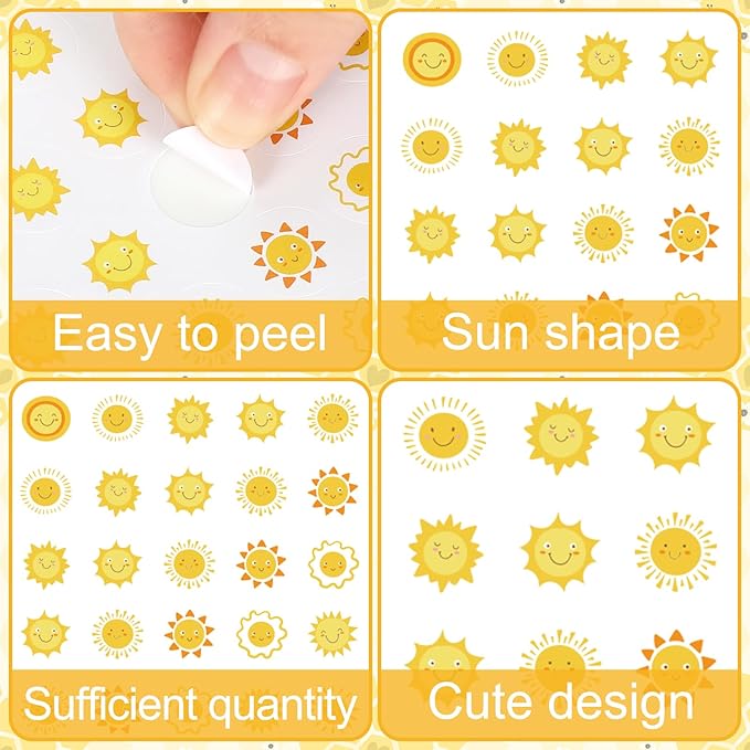 JarThenaAMCS 2400Pcs Mini Sun Sticker Cute Smile Face Paper Decals 9 Designs Yellow Self-Adhesive Stickers for Summer Envelopes Scrapbook Gifts DIY Supplies, 0.5 in