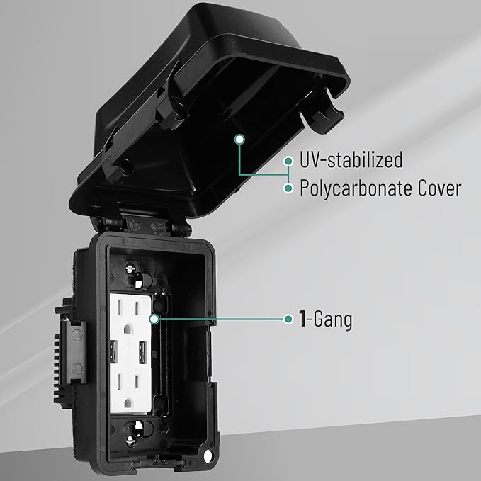 Bates- Outdoor Outlet Cover Weatherproof, Black 1-Gang Outdoor Electrical Outlet Cover Box with Mounting Hardware, Horizontal/Vertical Use