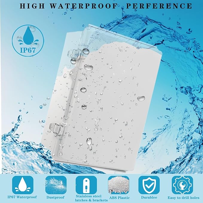 Waterproof Electrical Box,IP67 Junction Box Hinged Grey Cover ABS Project Boxes for Electronics DIY Enclosure with Mounting Plate Wall Bracket and 2 Cable Glands 13.8" x 9.8" x 5.9"