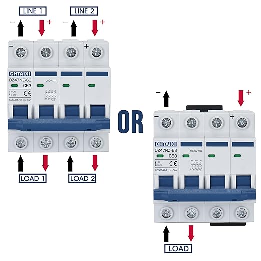 DC Miniature Circuit Breaker, 4 Pole 1000V 50 Amp Isolator for Solar PV System, Thermal Magnetic Trip, DIN Rail Mount DC Disconnect Switch C50
