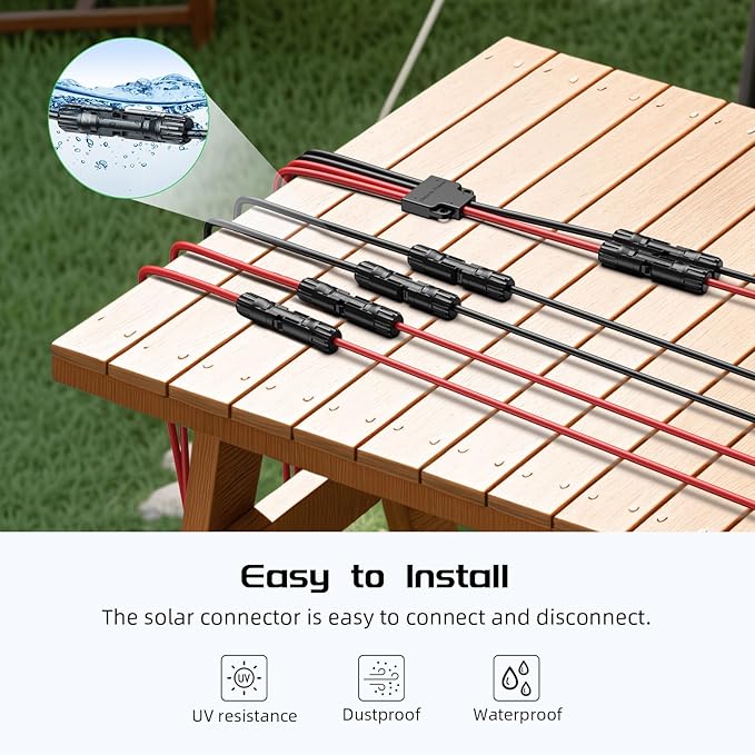 Bateria Power Solar Connectors for 2 Solar Panels, IP68 Waterproof Solar Panel Connectors Splitter, 4 to 2 Y Branch Parallel Adapter for Solar Cable Extension 20FT