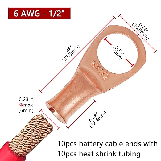TKDMR 10pcs 6 AWG-1/2 Battery Lugs,Heavy Duty Wire Lugs,Ring Terminals,Battery Cable Ends,0 Guage terminals,Battery Terminal Connectors with 10pcs 3:1 Heat Shrink Tubing