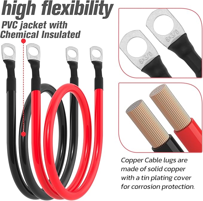 6 AWG Battery Cable 6AWG Gauge Battery Inverter Cables for Automotive Solar Marine Boat RV Car Motorcycle (6 AWG, 20in, 3/8")