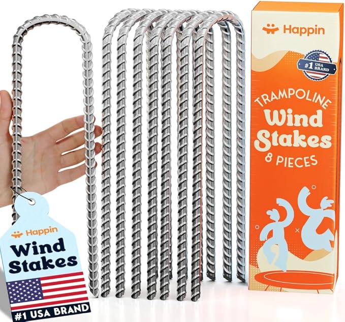 Happin® Trampoline Stakes, Trampoline Accessories, Ground Stakes Heavy Duty, Ground Anchors Screw in, Rebar Stakes, Tent Anchors, Yard Spikes, Galvanized Steel (8 Pack, Silver)