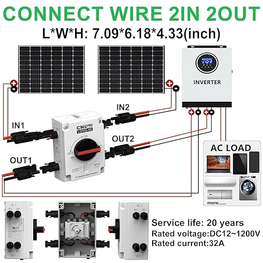 Solar Disconnect Switch 2 Strings 32A DC1500V 2in 2out Rapid Shutoff Isolator Switch with Plug & Play Connector and IP66 Outdoor Waterproof for Rooftop Solar Systems, RVs and Boats