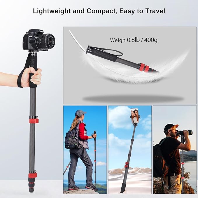 Koolehaoda Monopod for Camera, 65" Carbon Fiber Portable Compact Lightweight Travel Monopod Unipod Stick for DSLR Canon Nikon Sony Video Camcorder, Easy to Carry (MP-285EC)