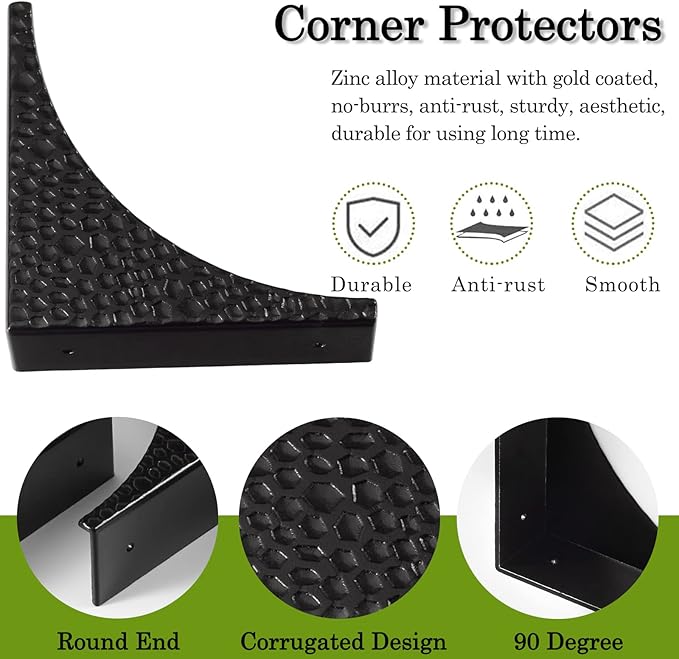 Black Metal Corner Guards Decorative Wood Funiture, 2.56'' Box Corner Protectors, Metal Table Corners, Antirust Zinc Alloy Desk Edge Cover Brackets with Nails(4Pcs)