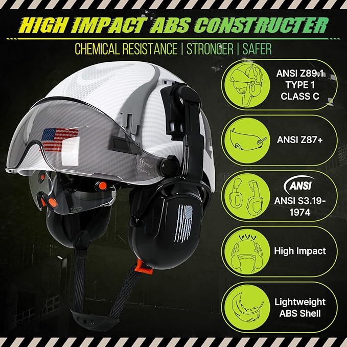 Hard Hat with Dual Visor and Hearing Protection-OSHA Approved Construction Hard Hats with Visor Sunglasses Earmuffs for Men,Vented Forestry Chainsaw Arborist Helmet with Chin Straps