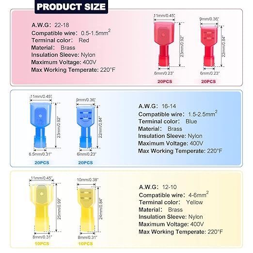 Twidec/100PCS Nylon Spade Connectors Kit 22-10 Gauge Male and Female Wire Spade Terminal Quick Disconnect Fully Insulated Wire Crimp Connector for Automotive Marine