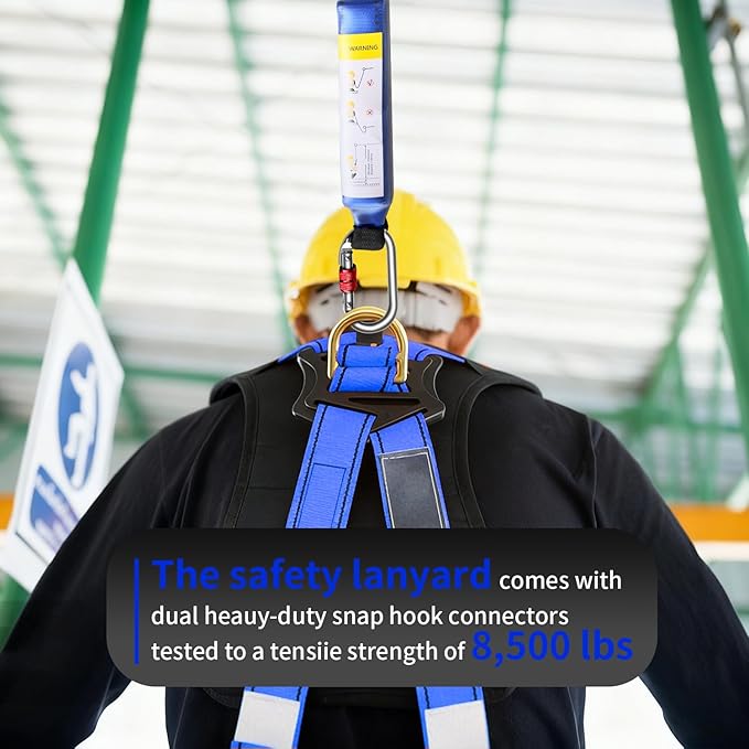 6ft Internal Shock Absorbing Safety Lanyard with Double Snap Hook Connectors, Fall Protection Equipment