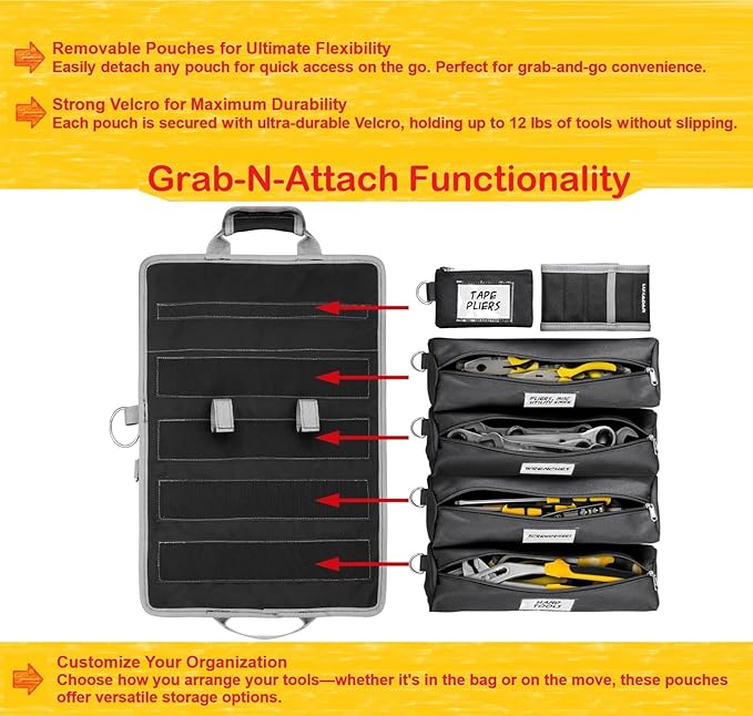 Updated Tool Roll Up Tool Bag Organizer, Name Tags, Advansed Features, Heavy Duty Tool Roll Bag Organizer, Mens Gifts For Him Motorcycle Mechanic & Electrician LUXADAR (5 Detachable/Wristband)