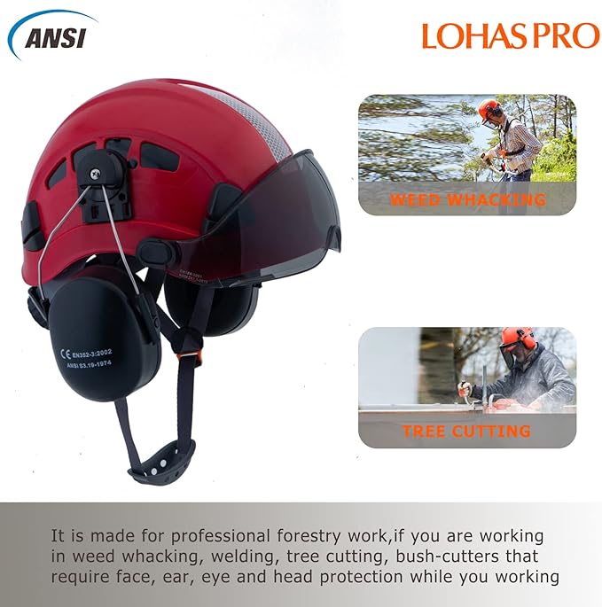 LOHASPRO Arborist Forestry Helmet Safety Hard Hat with Visor and Ear Muffs for Tree Service Logging Cutting Wood Chainsaw Helmet Garden Work Trimming Mowing(P91 Red+Smoked Visor+Earmuff)