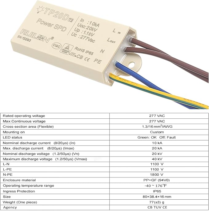 2Pcs Surge Protective Device, Power Surge Protector for Surge Protection, Low Voltage Surge Arrester for Indoor and Outdoor Lighting(110-277 VAC)