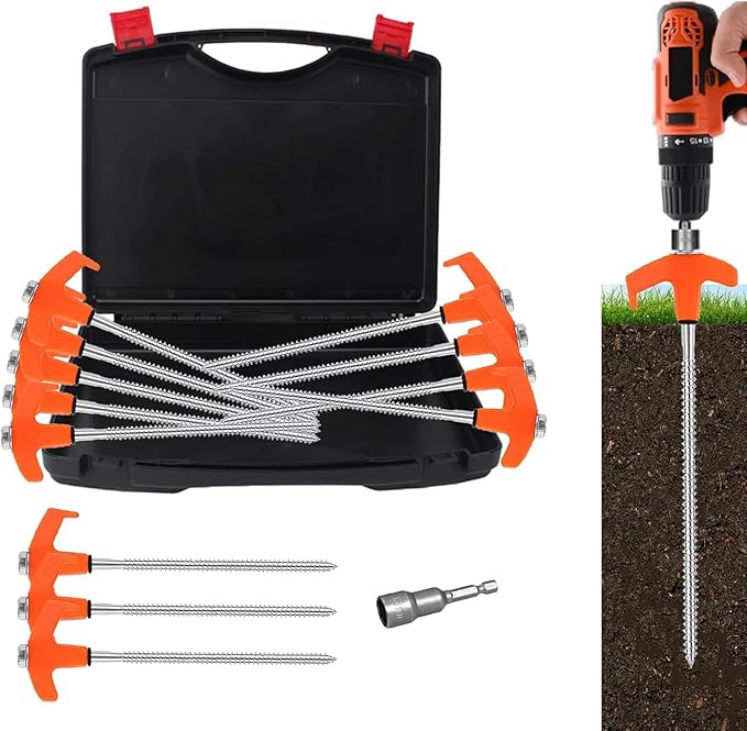 8" Tent Stakes Heavy Duty 12 Pack, Screw in Tent Stakes, Metal Threaded Camping Stakes, Ground Anchors for Canopies, Gardening, Yard Stakes for Inflatables, with Storage Box and Hex Socket