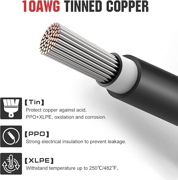ECO-WORTHY 10FT 10AWG Solar Extension Cable 30A/1000V DC, IP67 Waterproof with Compatible Quick Connectors (Red+Black) for Solar Panels, Controllers, Off-Grid Systems