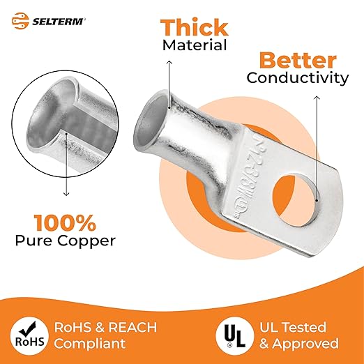 SELTERM 2pcs 2 AWG 3/8" Stud (Wide Pad) Tinned Copper Wire Lugs, Battery Lugs, Ring Terminals, Battery Cable Ends, 2 Gauge Ring Terminal Connectors, UL Marine Grade Battery Terminal Connectors