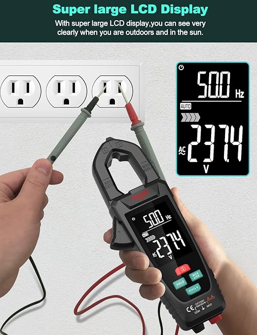 Digital Clamp Meter Multimeter for AC/DC Current & Voltage, Auto-ranging 9999 Counts Voltage Tester with Flashlight Backlight, Measuring Temperature Continuity Diode NCV