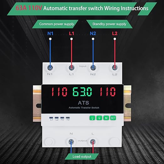 63Amp AC110V Automatic Transfer Switch with LED Display, 50/60Hz 2P ATS Auto Dual Power Outdoor Changeover Switch for Home Generator, L1 Priority Din Rail Mount CE Certified Selector Transfer Switches