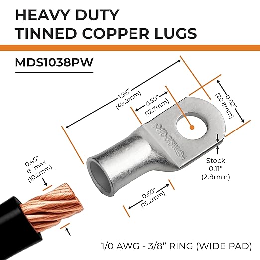 1/0 AWG (0 Gauge) 3/8" Stud, (Wide Pad) Tinned Copper Battery Cable Ends, Wire Lugs, Marine Grade, MD1038PW