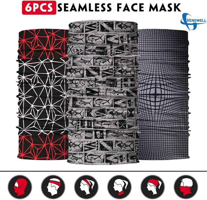 Venswell Neck Gaiter Face Mask Men Women,Seamless Bandana Rave Face Cover Scarf Mask,Balaclava,Headband, Head Wrap,Headwear