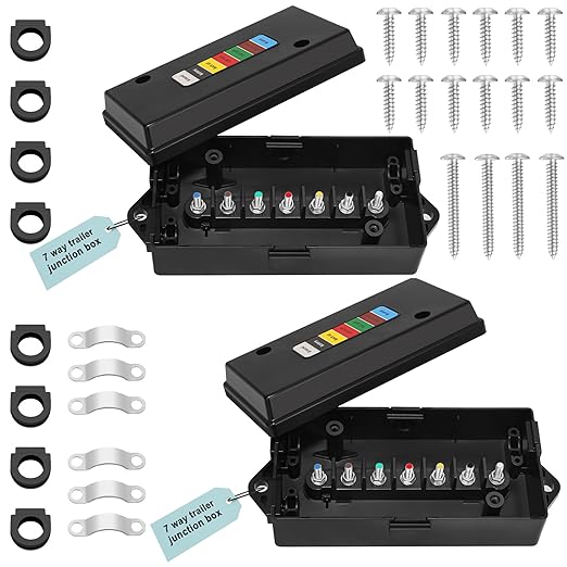 2 Set 7 Way Trailer Junction Box Weatherproof 7 Gang Color Coded Solid Studs Electrical 7 Way Trailer Wire Junction Box 7 Pole Waterproof for RV Camper Caravans Boat Rewiring - Black