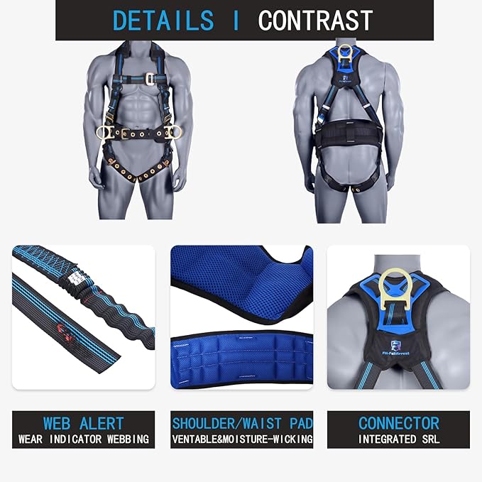 Fall Protection 5pt Full-Body Safety Harness, Vented & Padded Shoulder, Back & Legs, 8” Thick Back Support, Tongue Buckle, D-Rings, Grommet Leg Straps & Waist Belt (OSHA/ANSI Rated PPE)