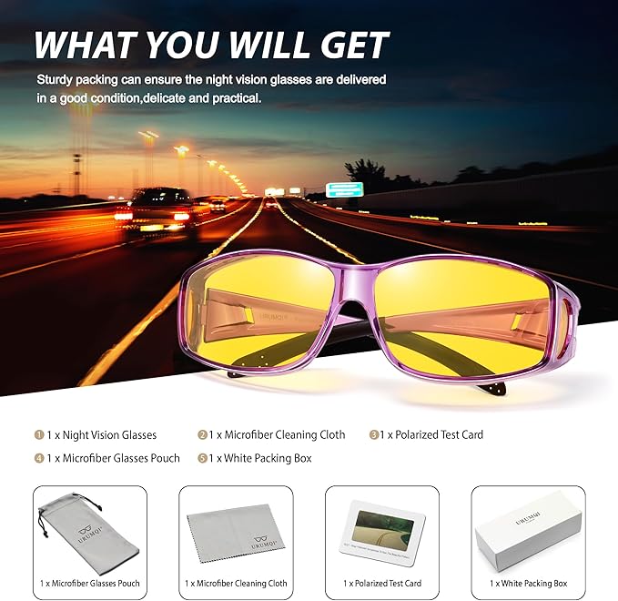 URUMQI Night Vision Driving Glasses Fit Over Eyeglasses for Men Women, Anti Glare Polarized Nighttime Glasses Yellow Lens