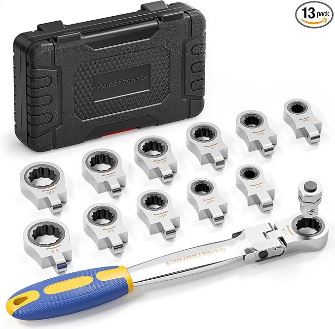 haisstronica 13pcs Flex-Head Ratcheting Combination Wrench Set with 3/8 in Adapter, SAE 1/4-3/4 inch Ratchet Wrench Tool for Auto, Tools for Men Gifts