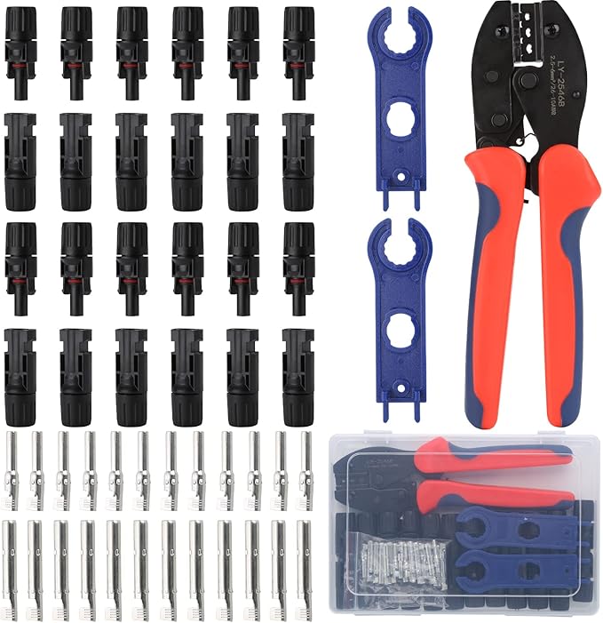 Solar Crimping Tool for Solar Panel Cable with 12 Pairs Solar Connectors, 1PCS Solar Crimper, 2 PCS Spanner Wrench, Crimper Tool for 2.5/4/6mm² Solar PV Wire